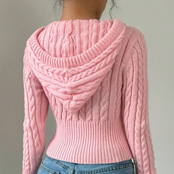 Pink Casual Women's Drawstring Hooded Cardigan - Picture 2 of 5